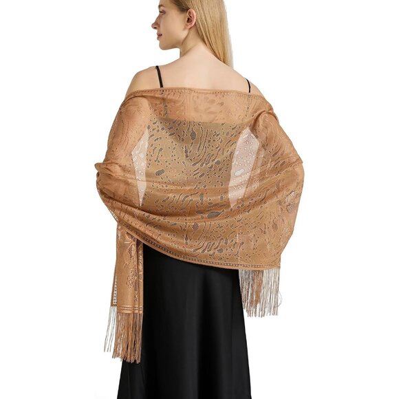 Women Brown Lace Floral Shawls and Wraps Bridal HeadScarf for Evening Dress - Picture 1 of 6
